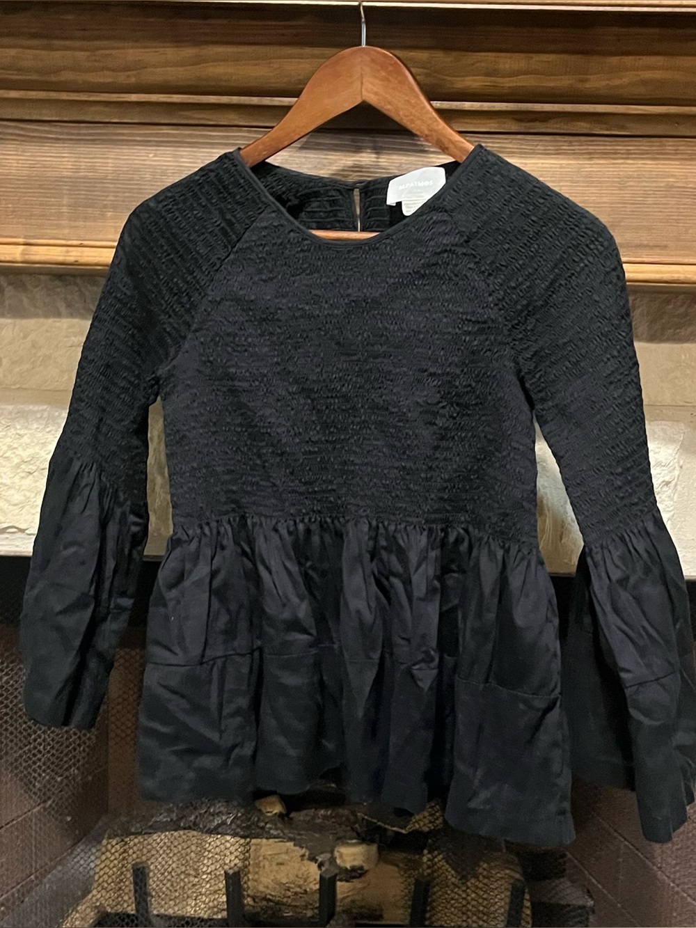 M.Patmos Black Cotton Linen Smocked Peplum Bell Sleeve Blouse Size M